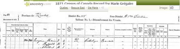 Image of potion of 1871 US Census on Marie Gregoire